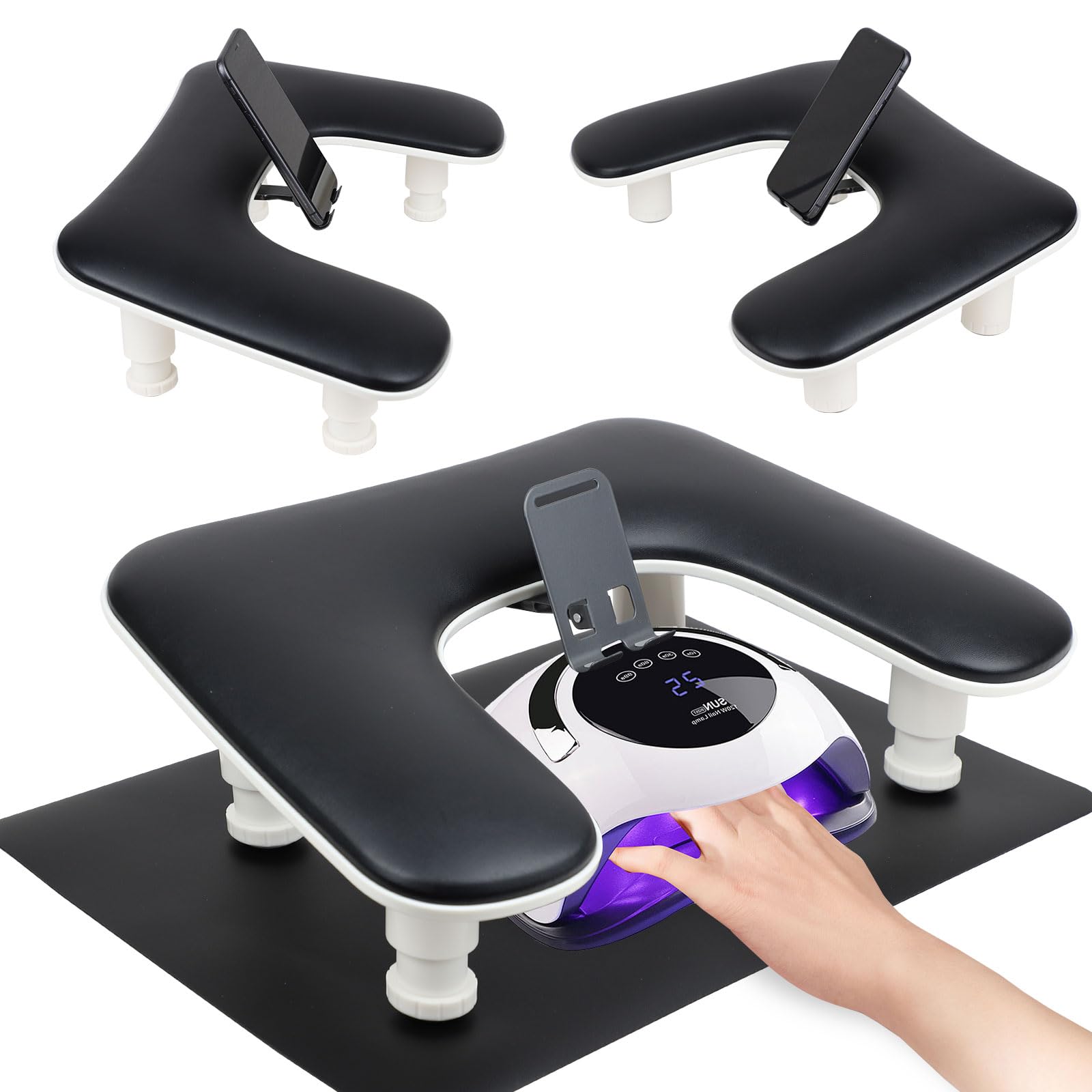 Rolomanve arm-rest nails tech with foldable phone holder for comfortable manicures.