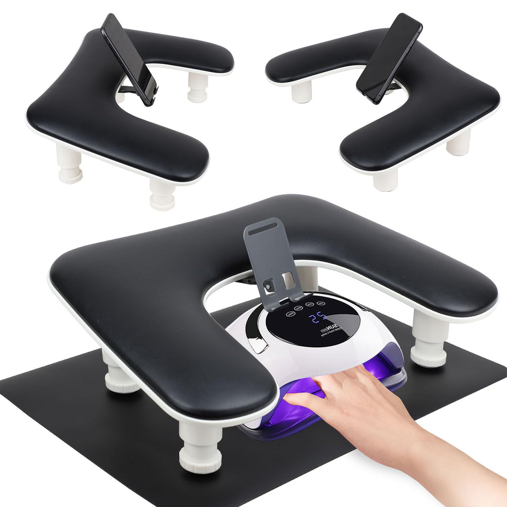 Rolomanve arm-rest nails tech with foldable phone holder for comfortable manicures.