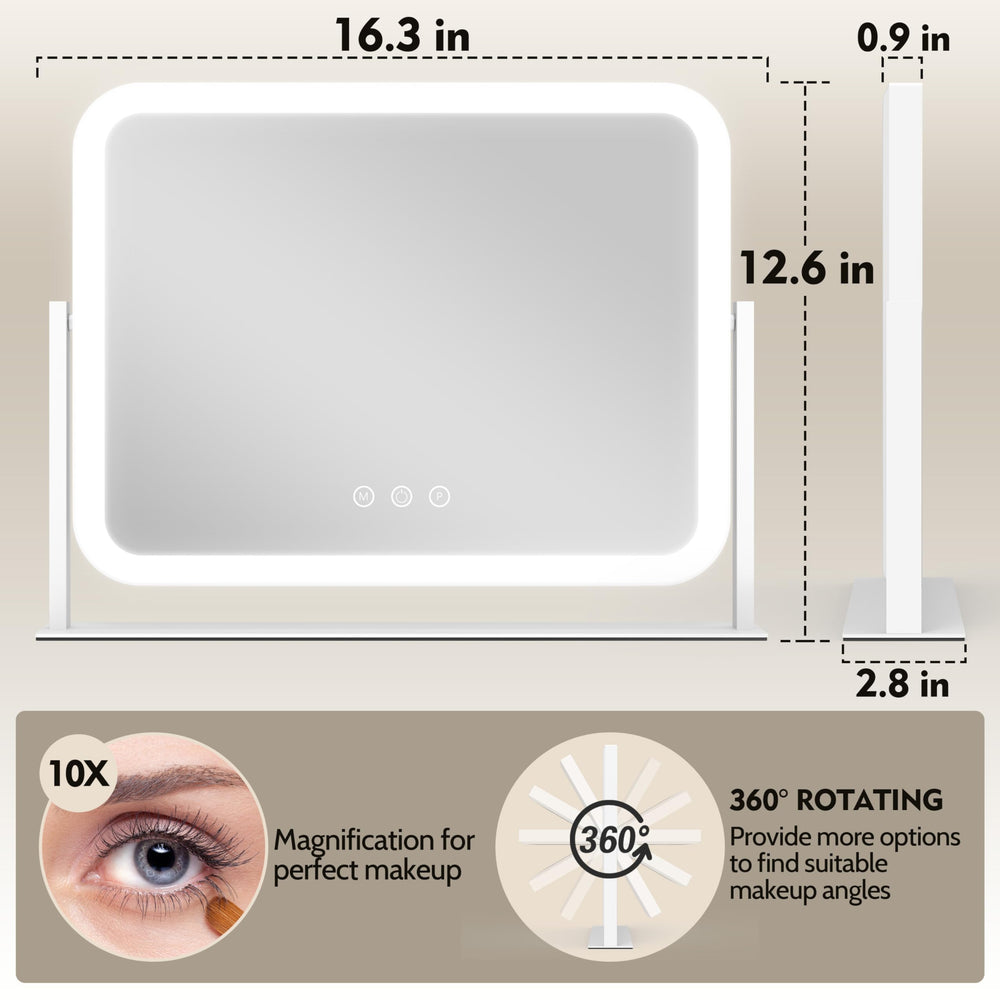 ROLOVE mirror shows oversized 16x12 viewing area for full-face makeup.