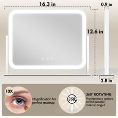 ROLOVE mirror shows oversized 16x12 viewing area for full-face makeup.