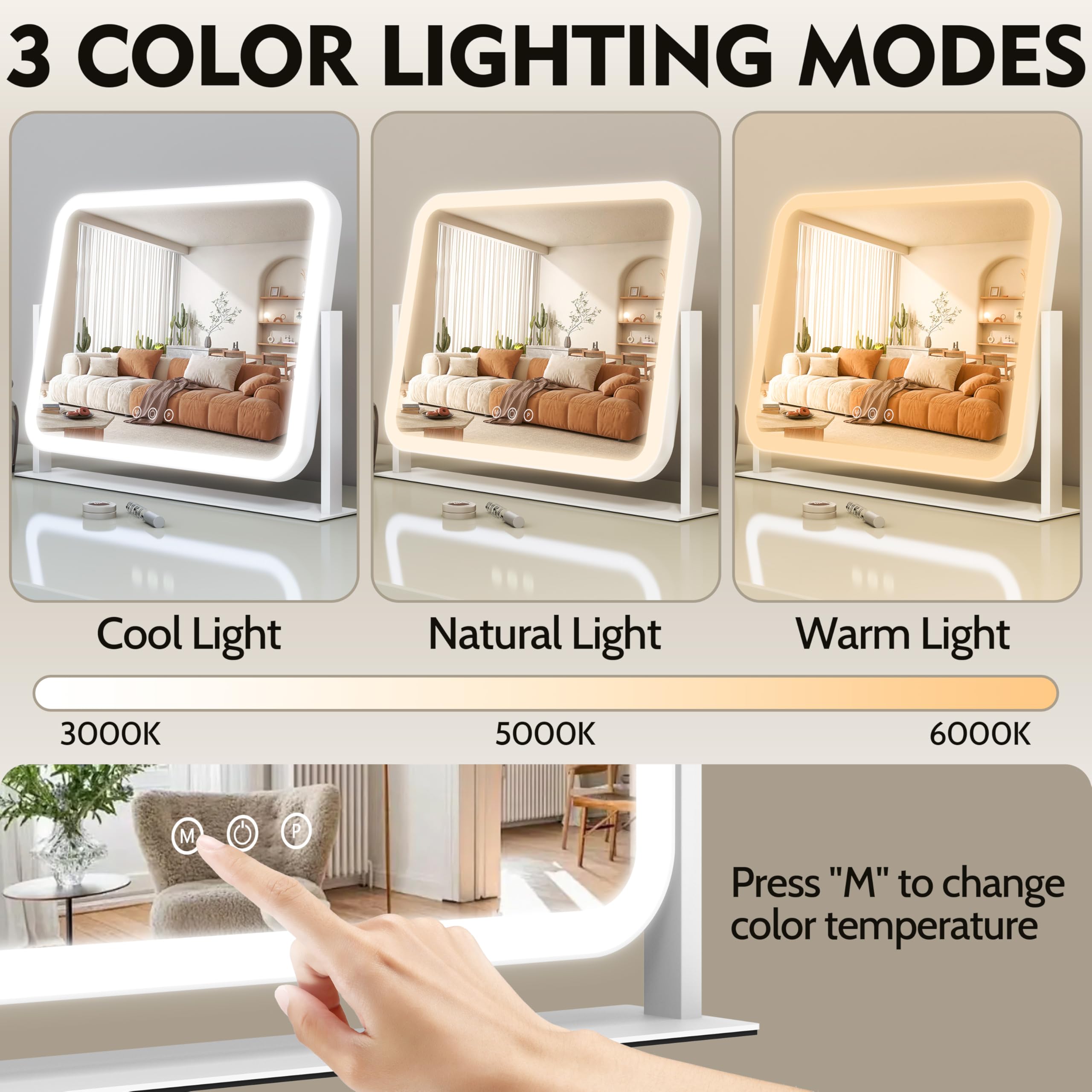 ROLOVE mirror with three lighting modes for different environments.