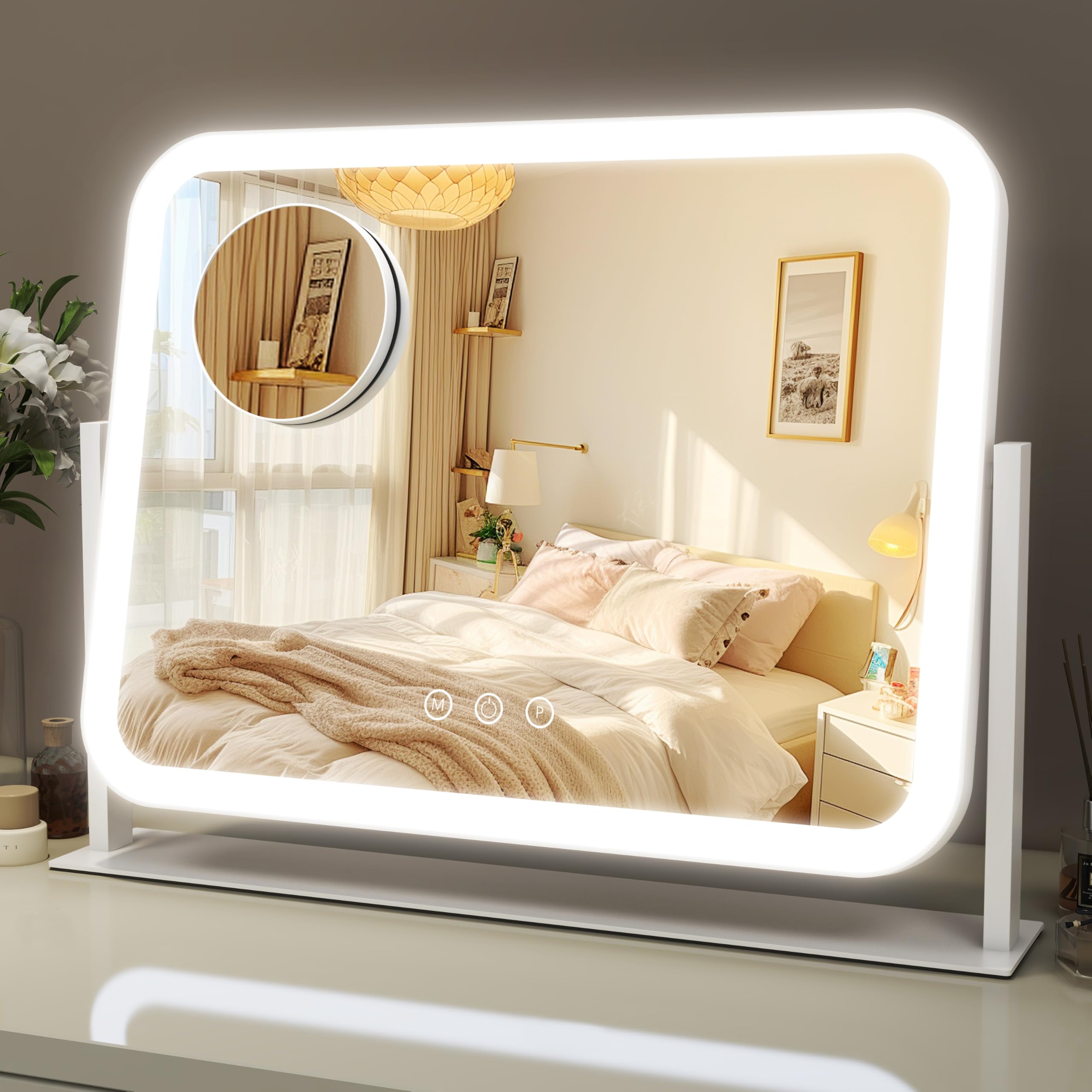 ROLOVE lighted makeup mirror with 360-degree rotation for versatile viewing.