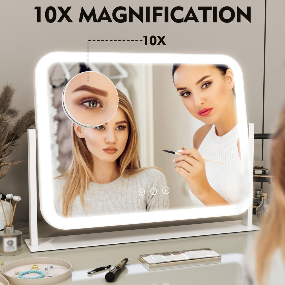 ROLOVE vanity mirror features sturdy aluminum frame for stability.