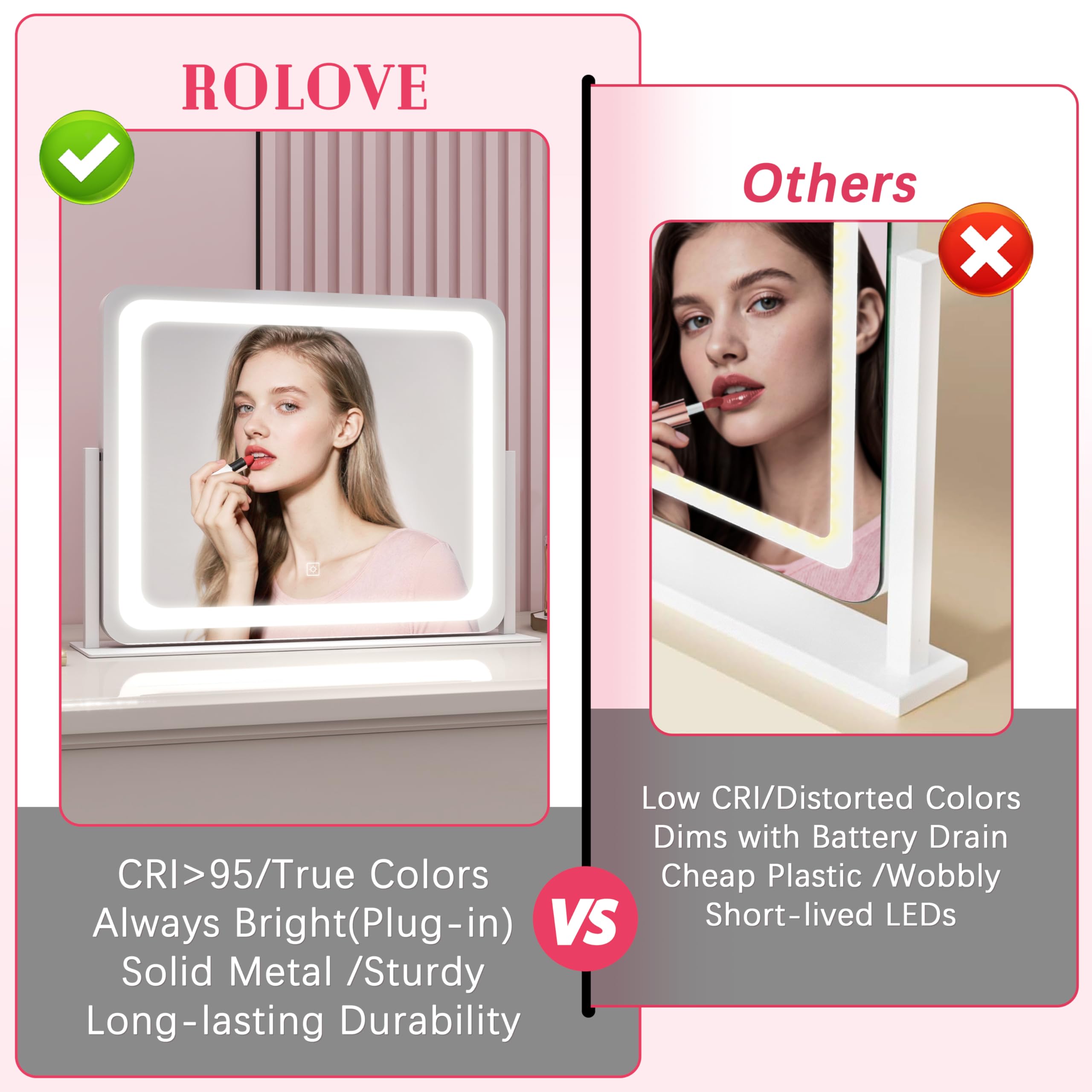 ROLOVE premium aluminum frame for durable, stylish makeup setup