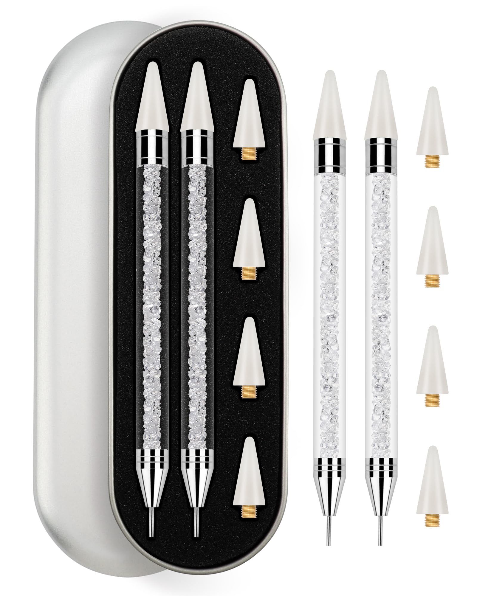 Rolybag rhinestone picker tool set in white with two pens for precise nail art.