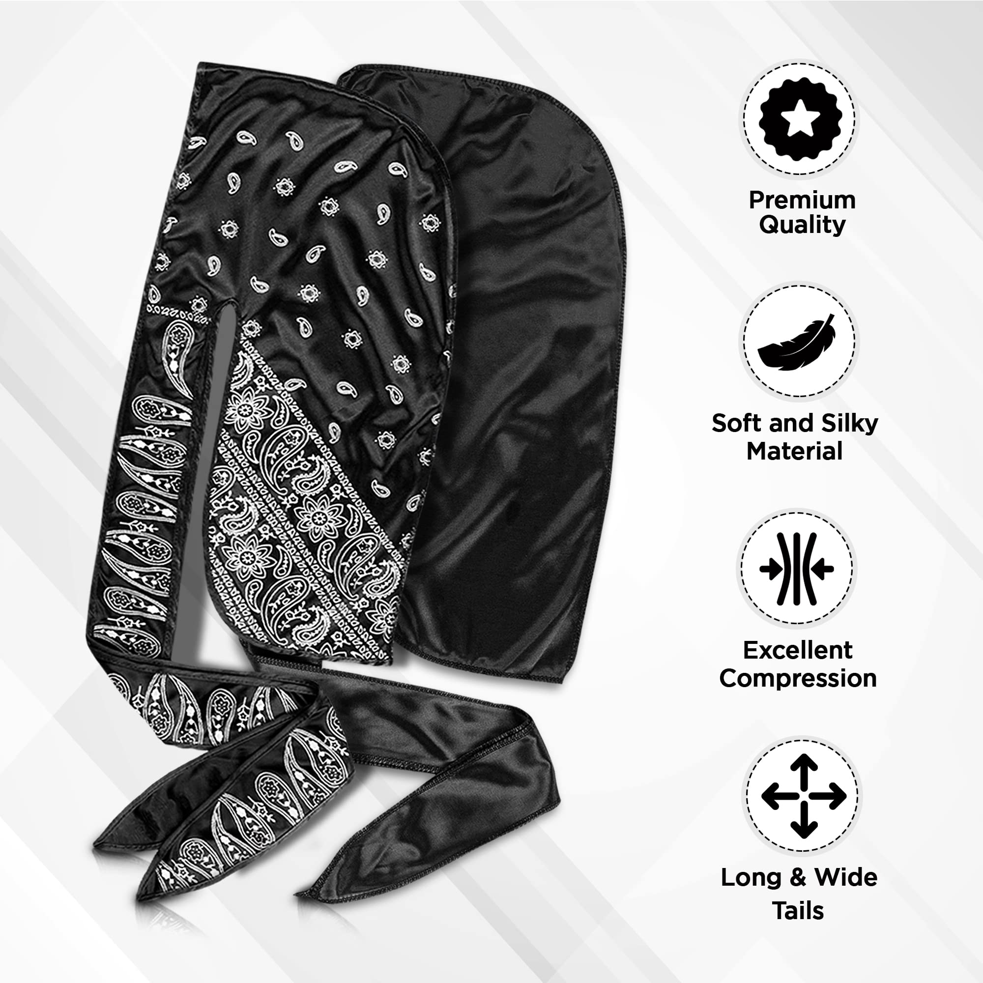 Roman-T two satin durags black provide secure fit and moisture retention.