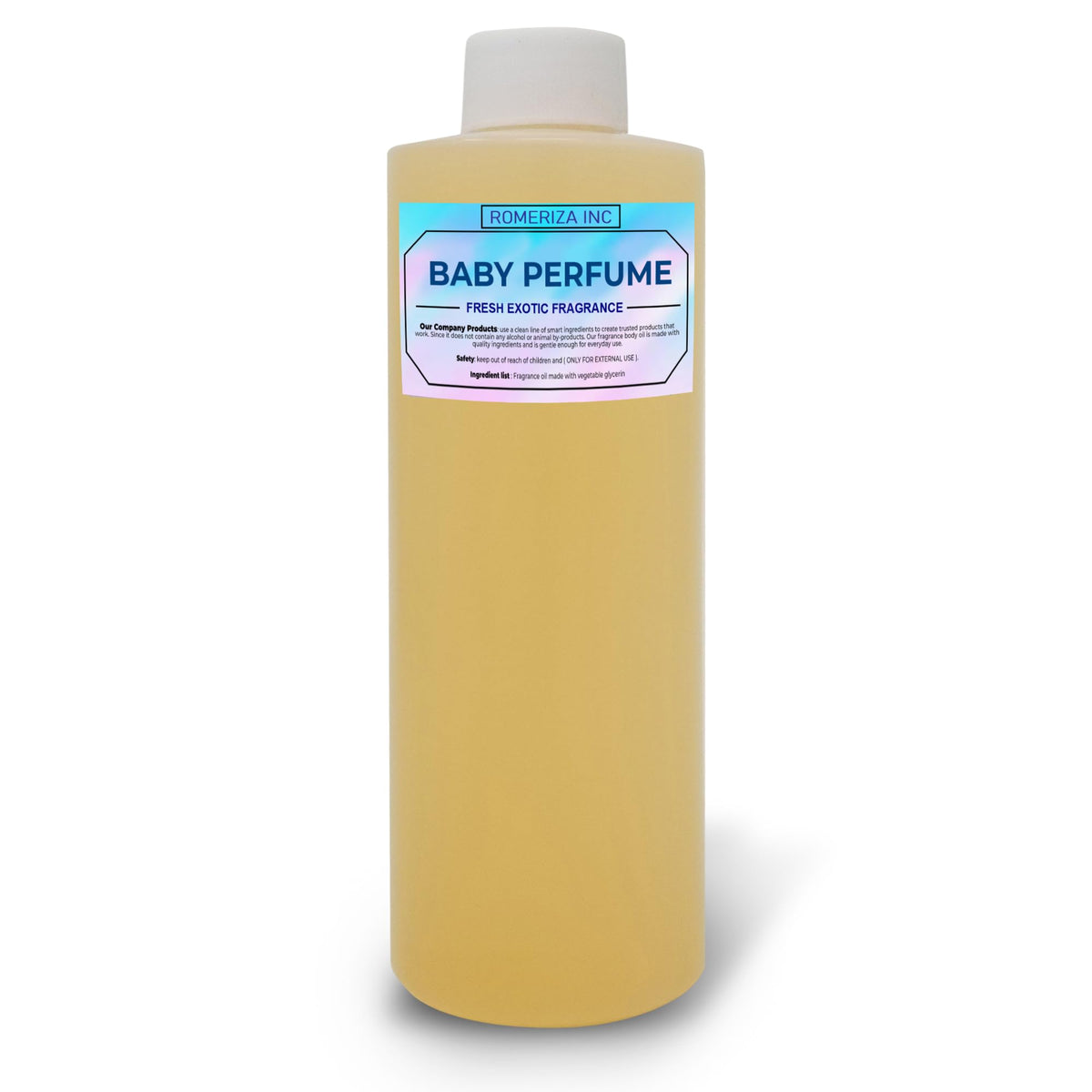 ROMERIZA INC. Aceite fragancia bebé en envase de 4oz para uso diario.