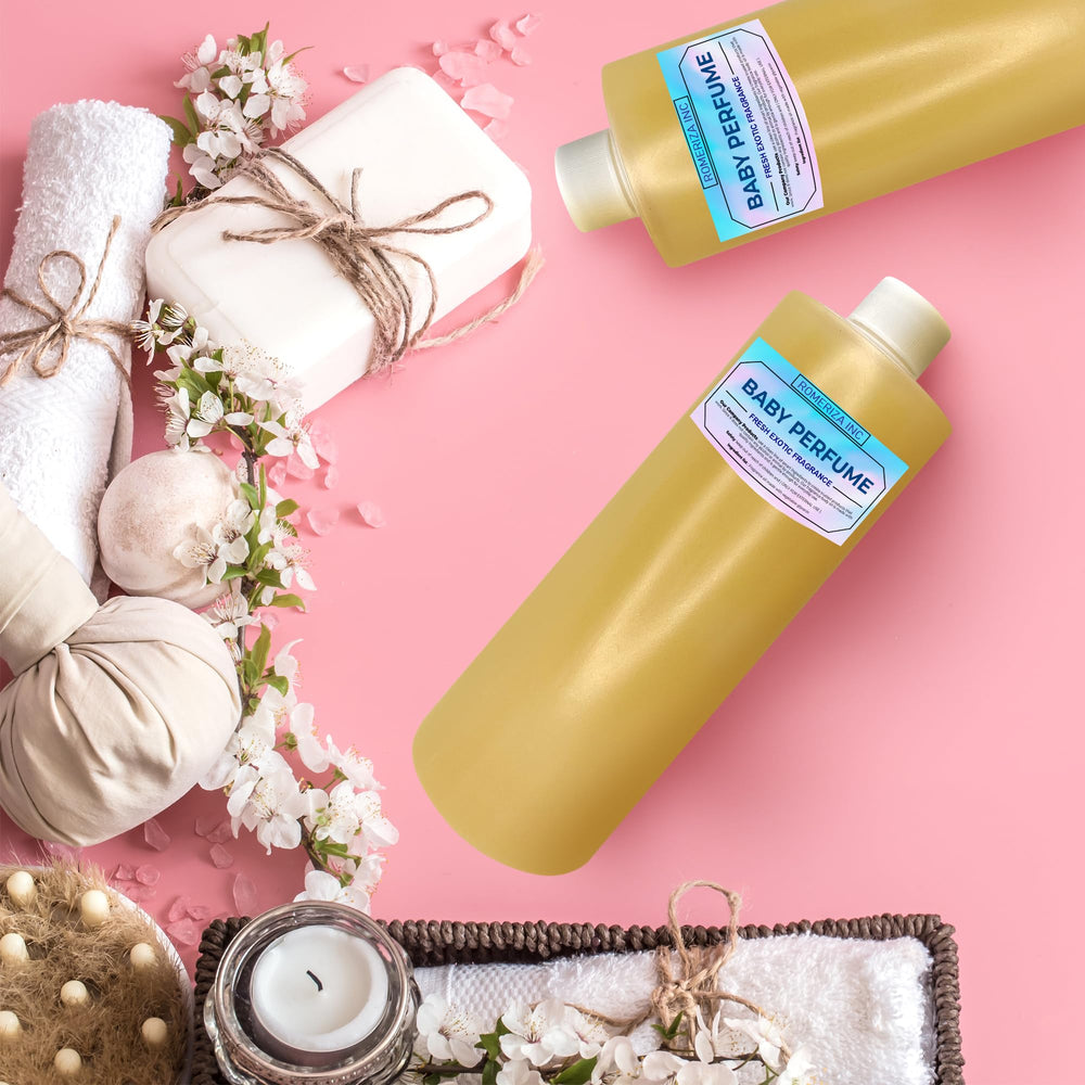 ROMERIZA INC. Aceite fragancia bebé textura ligera y rápida absorción.