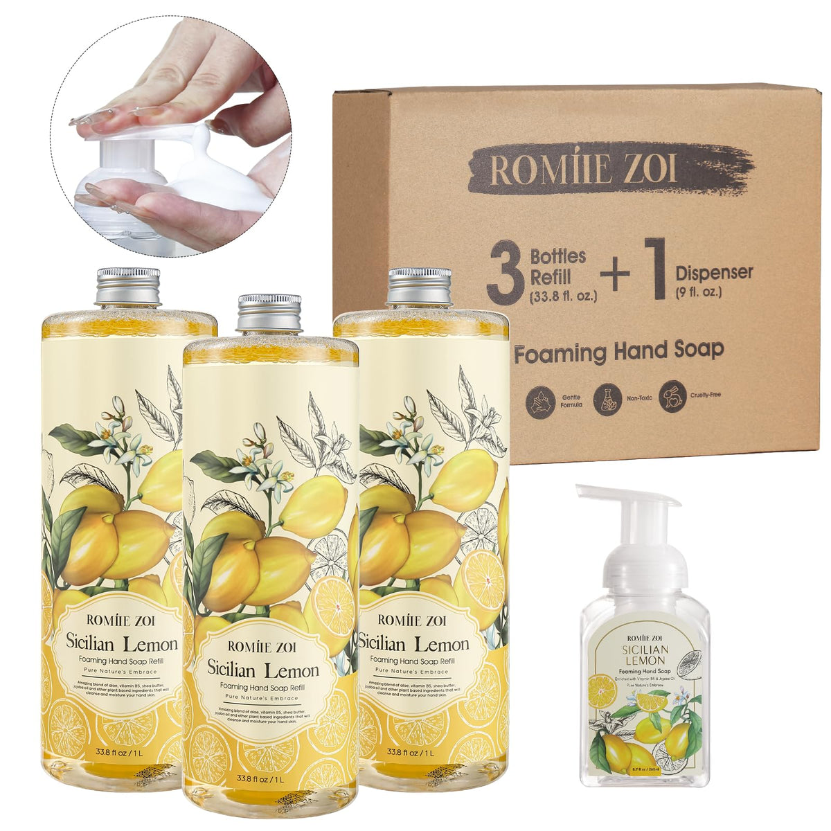 ROMIIE ZOI lemon foaming hand soap refill bottle up to 12 refills for busy homes