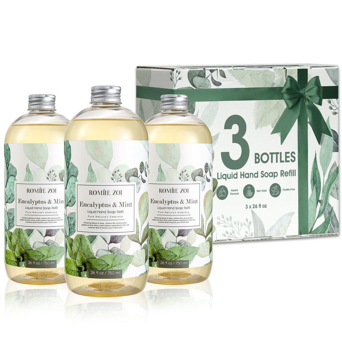 ROMIIE ZOI eucalyptus-mint bottle front, 750 ml refill for kitchen and bathroom use