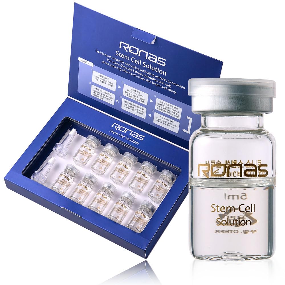 Ronas Stem Cell Solution bottle close-up highlighting hydration and renewal potential.