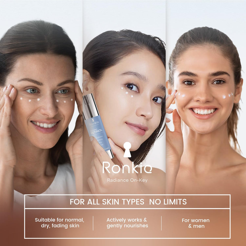 RONKIE crema de ojos retinol, empaque compacto, ideal para viajes.