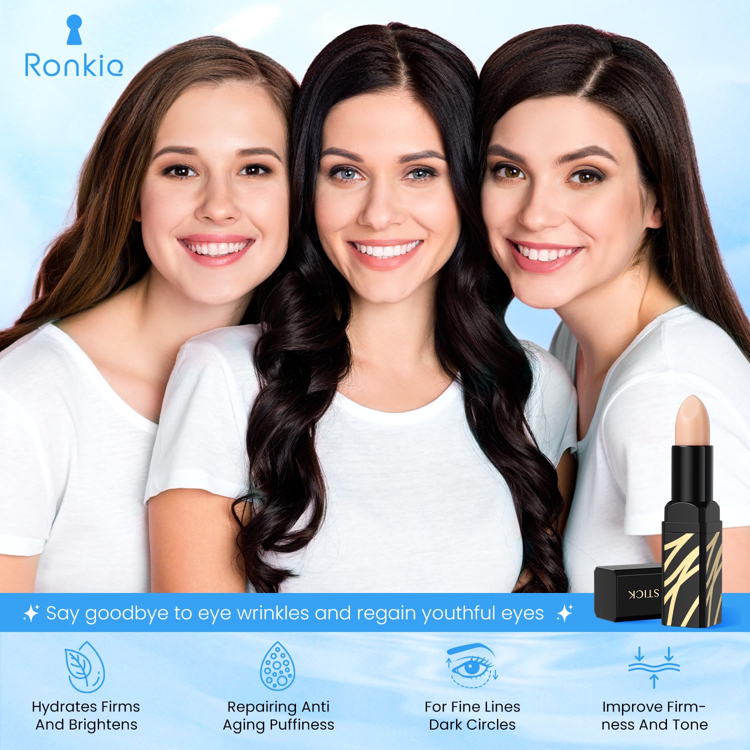 RONKIE Varita cafeína para ojos, uso diario para revitalizar la mirada y suavizar líneas.