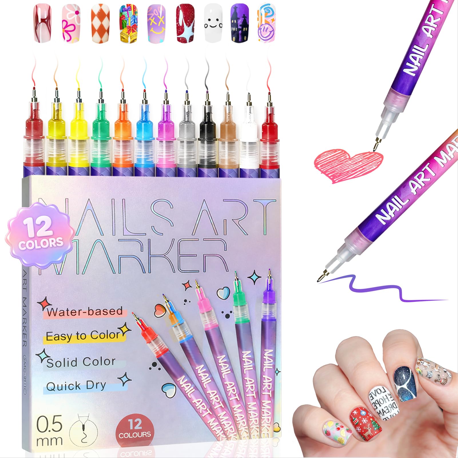 RONYUTON 12-color nail art pens set for precise detailing on natural and acrylic nails.