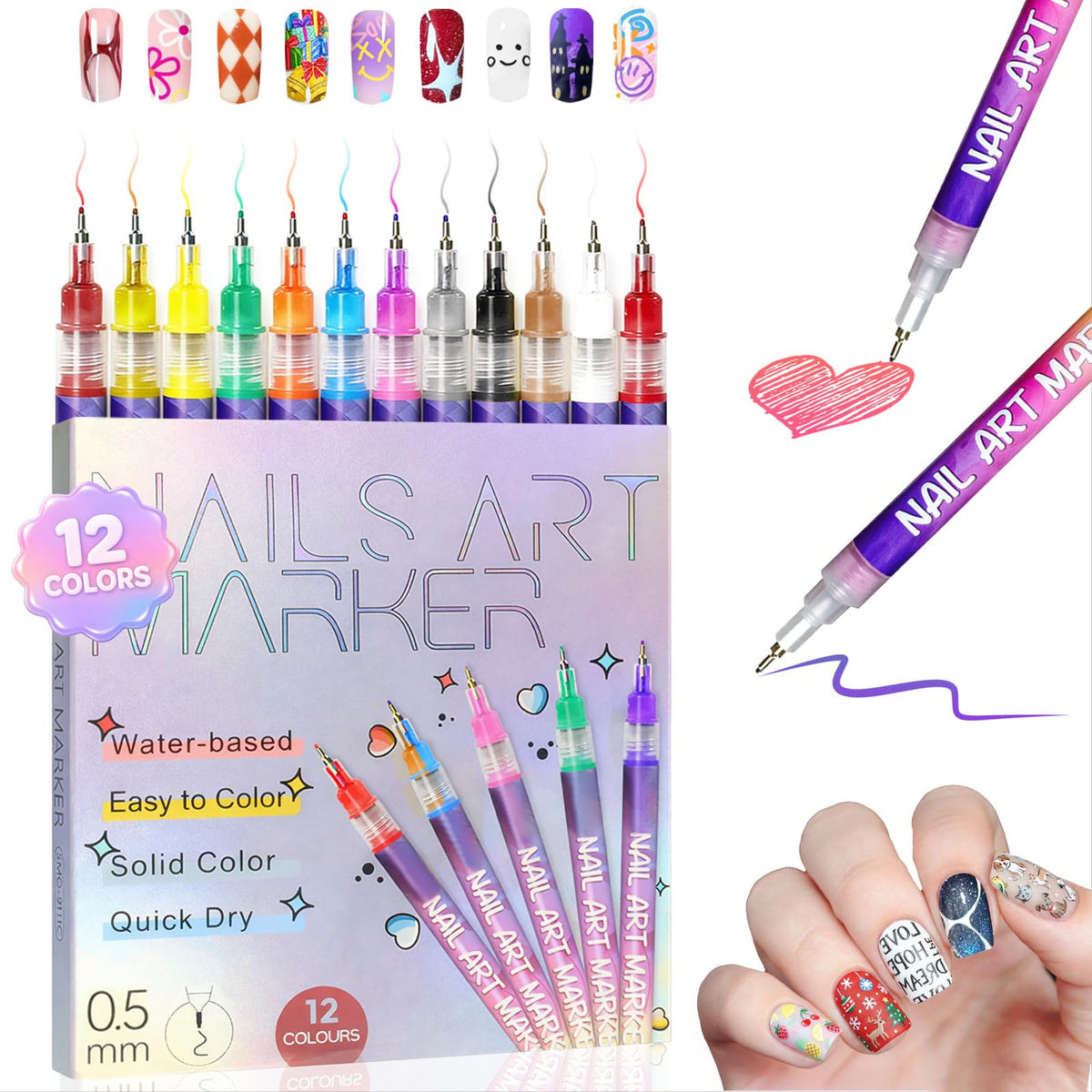 RONYUTON 12-color nail art pens set for precise detailing on natural and acrylic nails.