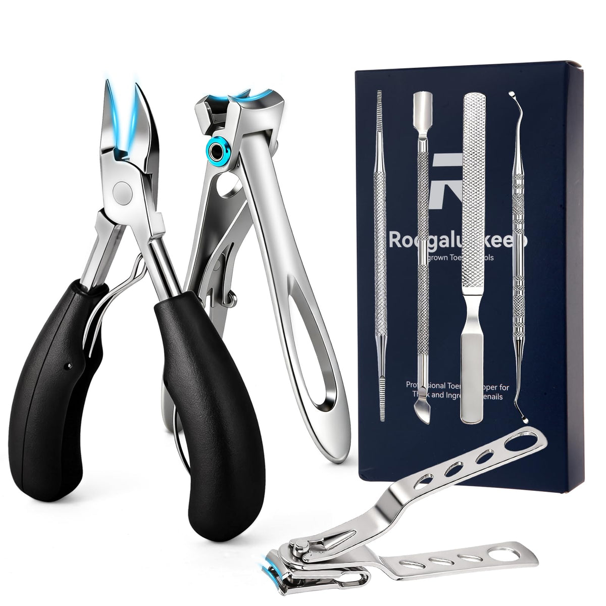 Roogaluckeep 7-piece ingrown toenail kit close-up showing surgical-grade steel for home care
