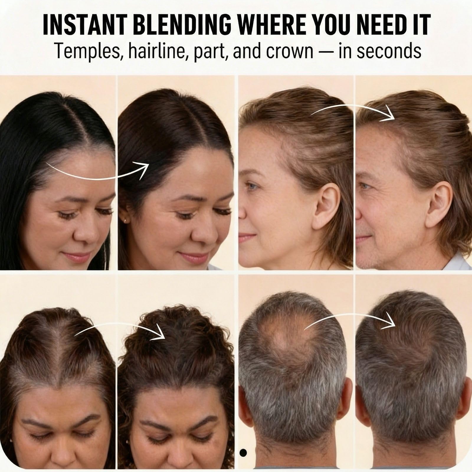 ROOT’D Hairline Powder application stroke demonstrates precise touch-ups for regrowth.