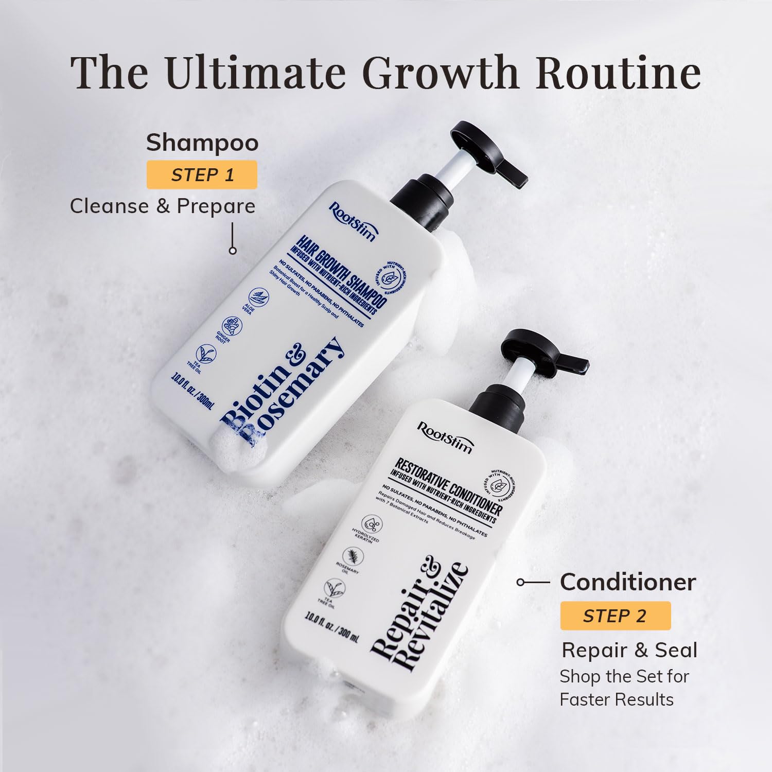 Empaque de RootStim champú biotina y romero para el baño