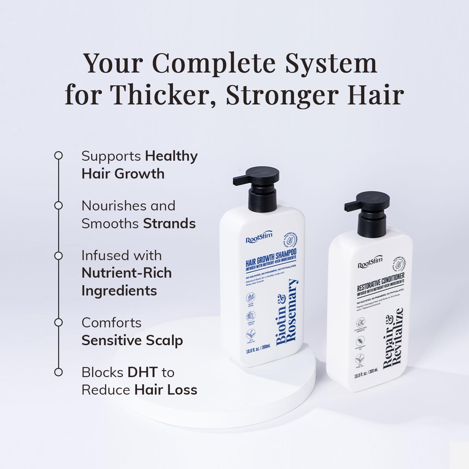 RootStim hair growth conditioner bottle with rosemary for smoother, fuller strands.