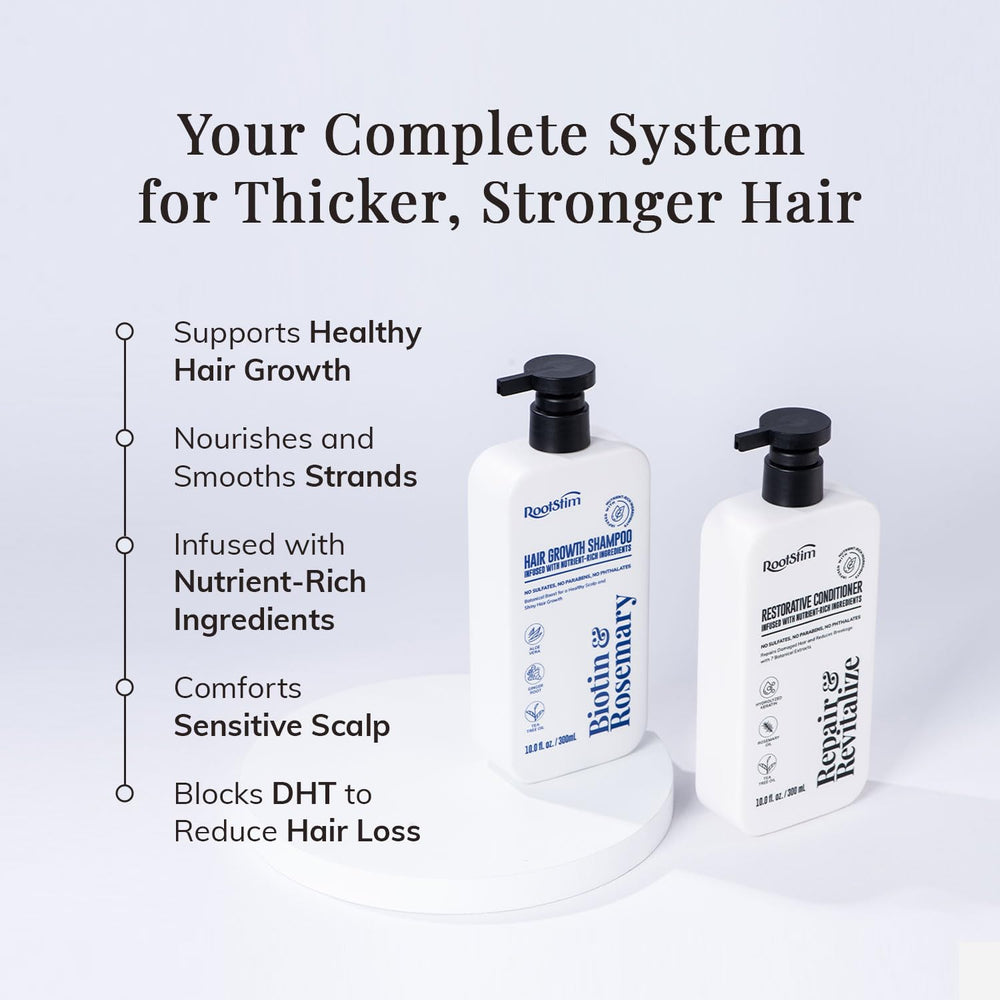 RootStim hair growth conditioner bottle with rosemary for smoother, fuller strands.