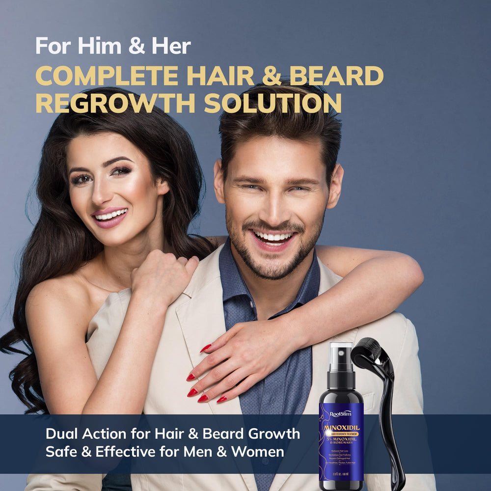 RootStim kit components included: minoxidil spray and skin roller.