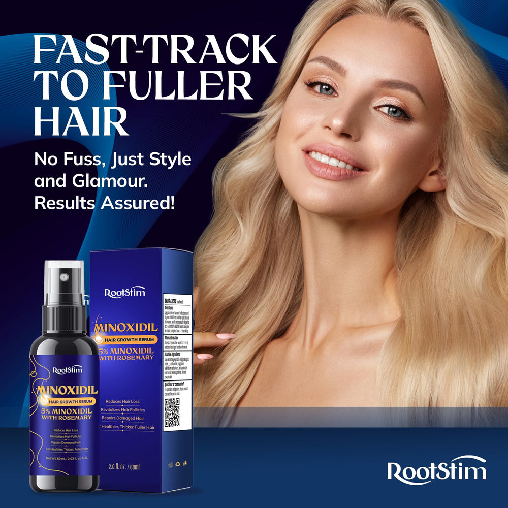 RootStim minoxidil 5percent styling-ready hair care setup