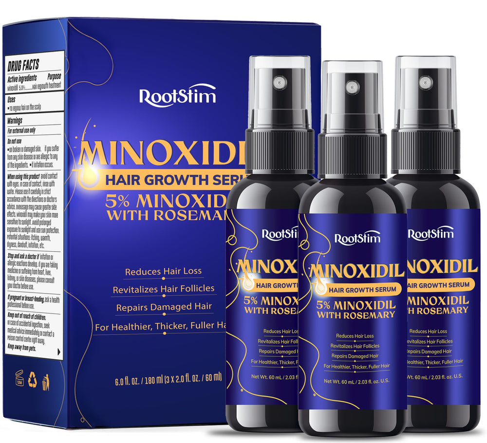 RootStim minoxidil bottle with rosemary promotes fuller-looking hair and easy daily use.