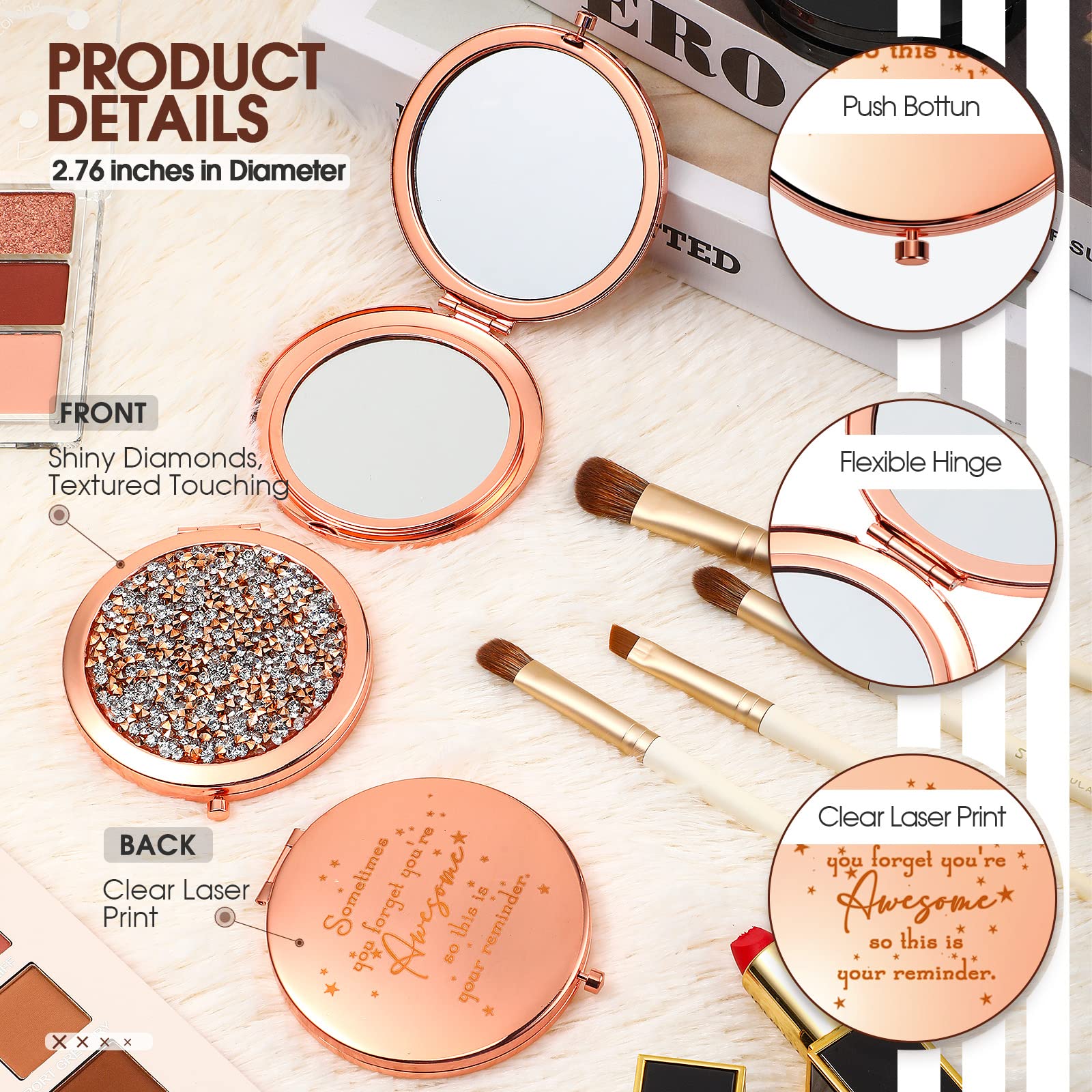 Roowest double-sided rose-gold mirror offers standard view and magnification for detail checks.