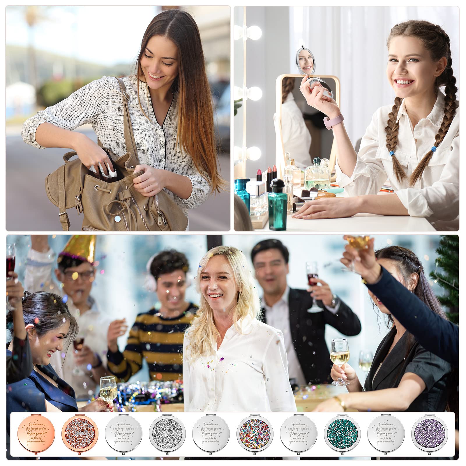 Roowest rose gold compact mirror folded into a purse shows lightweight portability.