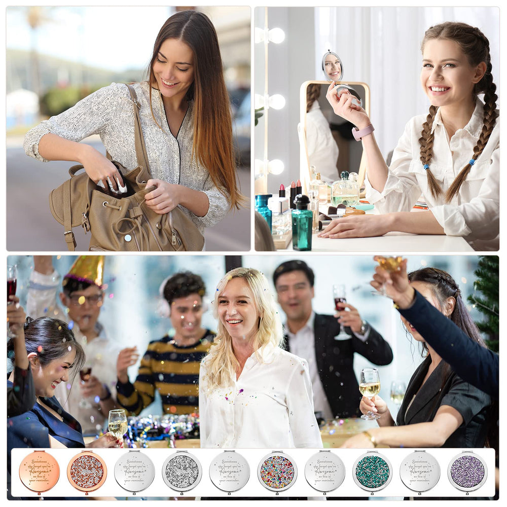 Roowest rose gold compact mirror folded into a purse shows lightweight portability.