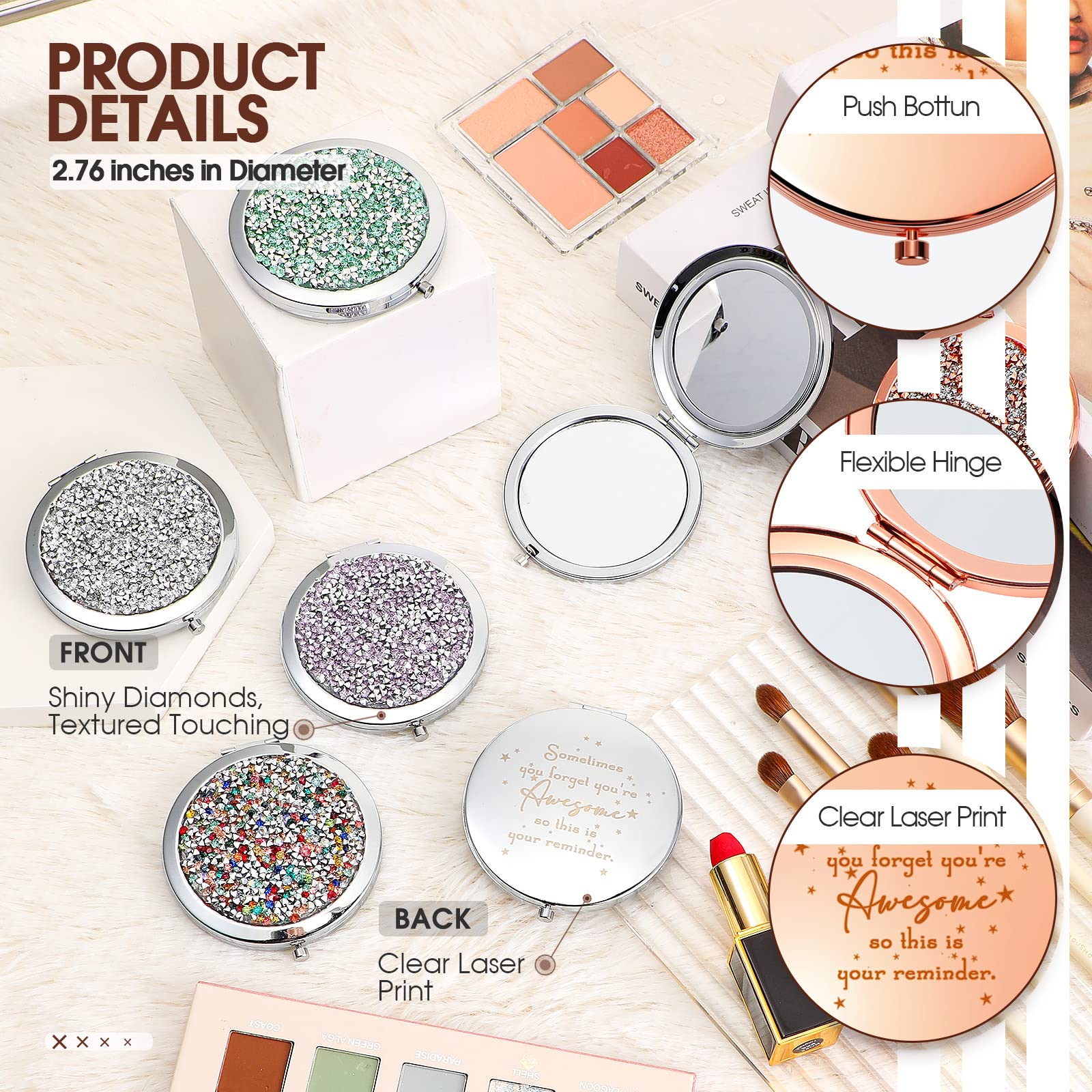 Roowest rose gold compact mirror closeup showcases stylish bling and portable design for on-the-go touch-ups.