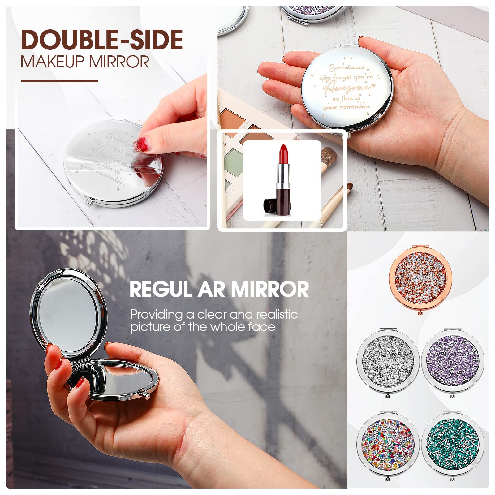 Roowest silver-purple compact mirror with 2x magnification closeup for precise makeup checks.