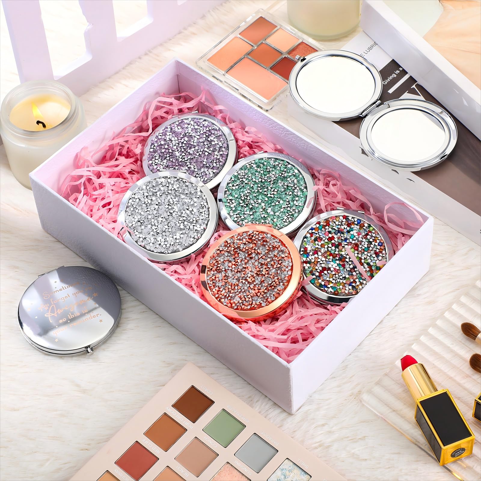 Roowest silver-white compact mirror open angle shows 180-degree adjustability for comfortable use.