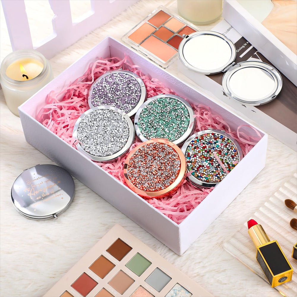 Roowest silver-white compact mirror open angle shows 180-degree adjustability for comfortable use.