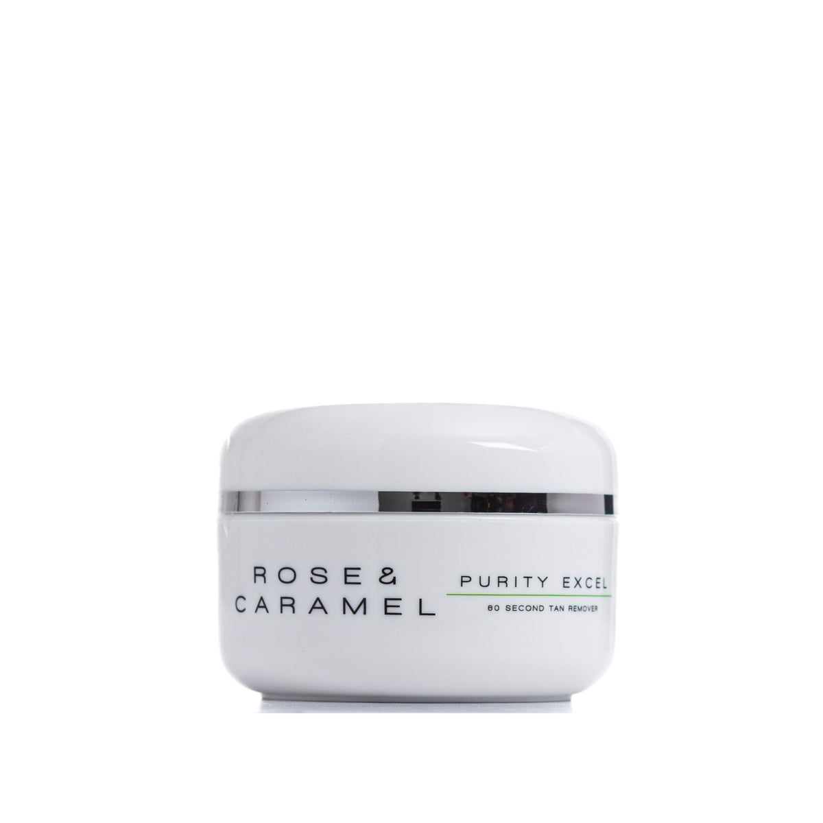 Rose and Caramel Purity Excel bottle close-up showing sleek self tan remover.