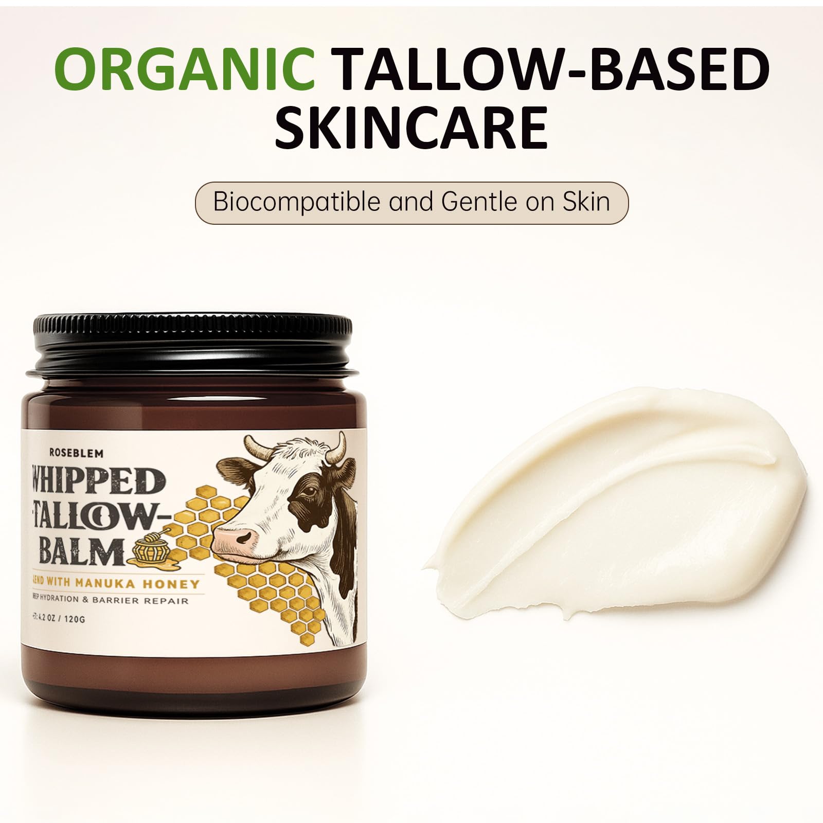 Roseblem bálsamo ingredientes naturales: combina tallow y miel de Manuka para cuidado suave.