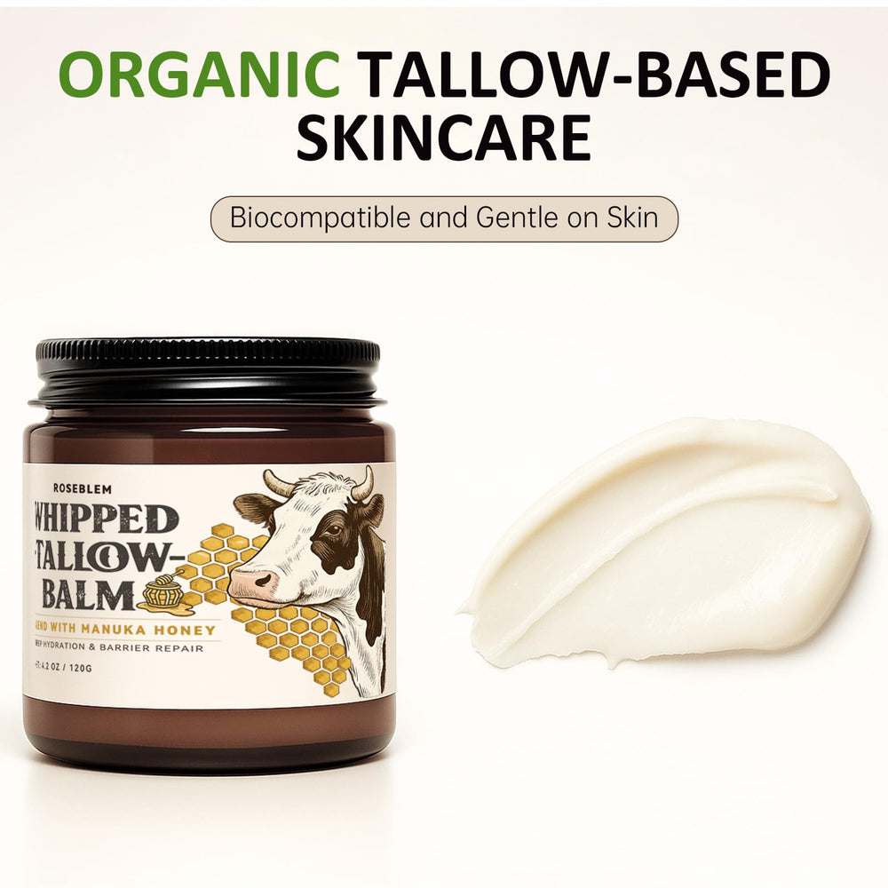 Roseblem bálsamo ingredientes naturales: combina tallow y miel de Manuka para cuidado suave.