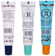 Bálsamos Rosebud de fórmula original, Mandarina y Rosa, y Menta Rosa para uso diario.