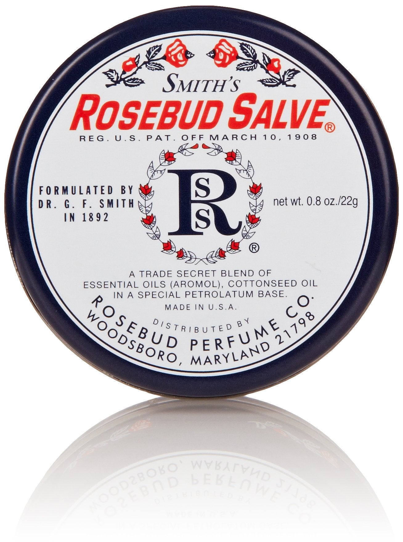 Rosebud Perfume Rosebud Salve tin showing rose scent for versatile skin care