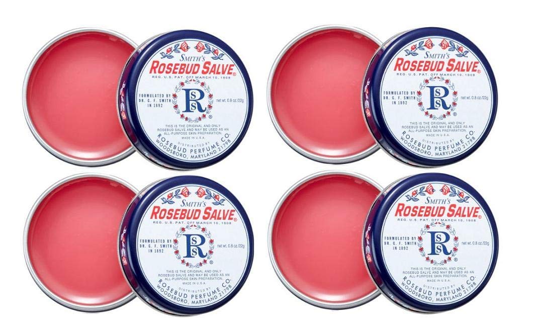 Rosebud Salve tin pack four for lip care and skin soothing.