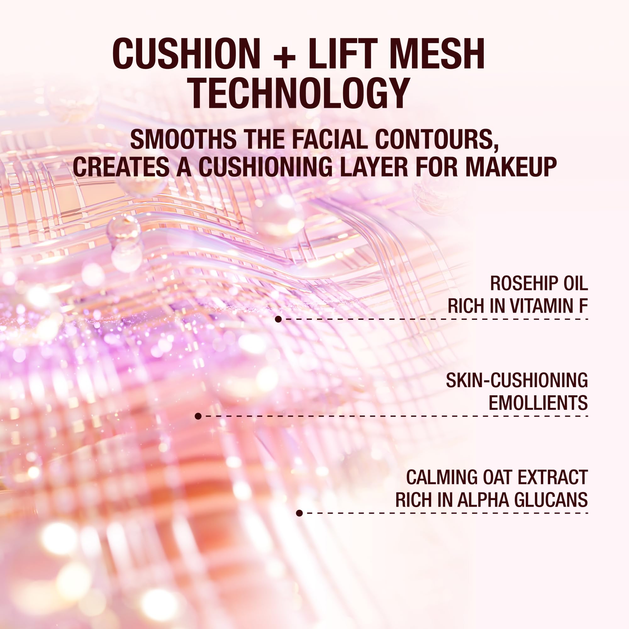 Rosehip oil soothing formula nourishes and calms delicate skin.