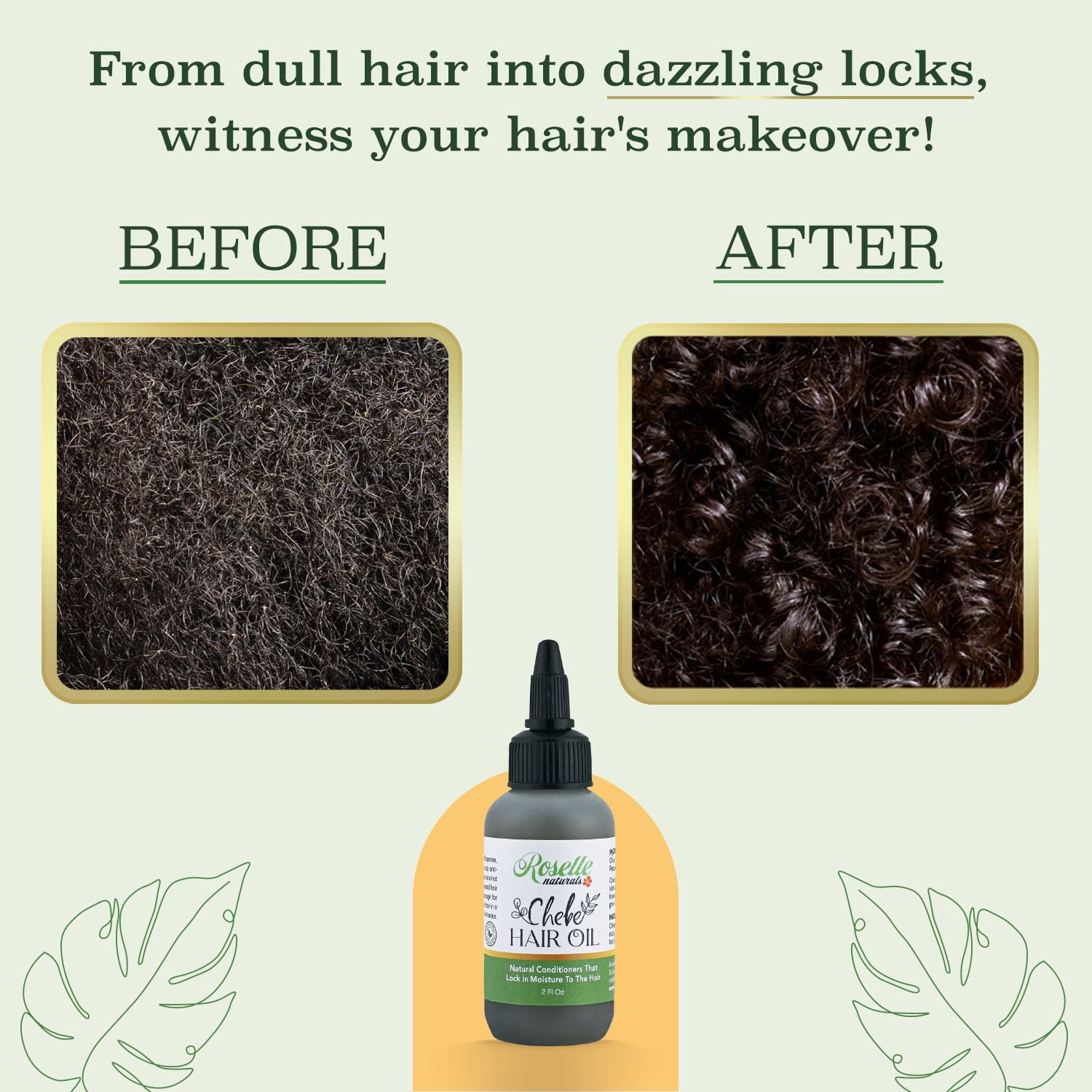 Roselle Naturals Chebe Oil on hair strands demonstrates reduced breakage and resilience