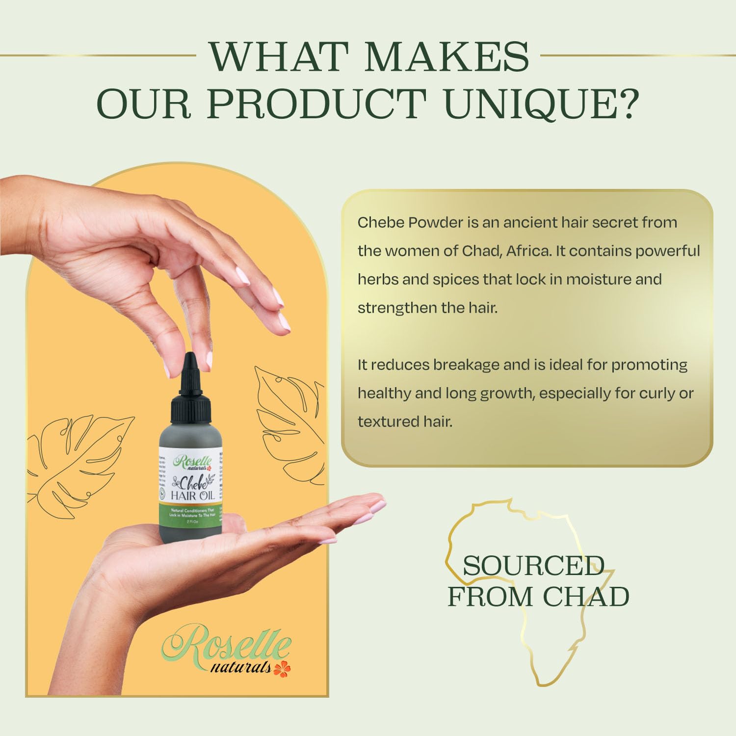 Roselle Naturals Chebe Oil packaging front highlights USA-made quality
