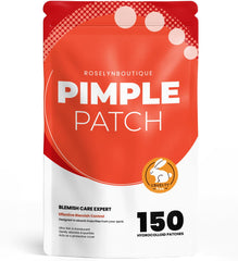 ROSELYNBOUTIQUE pimple patches packaging showcases vegan, cruelty-free acne care for clearer skin.