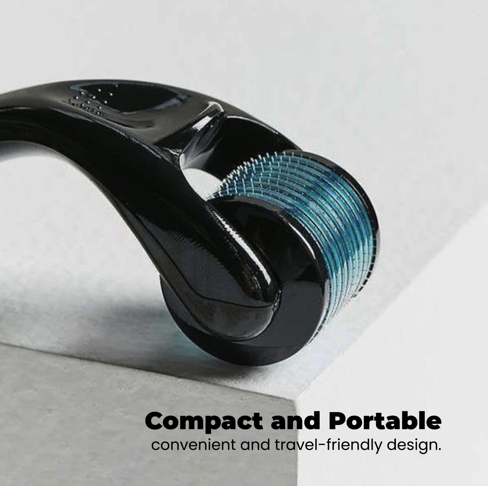 ROSELYNBOUTIQUE derma roller in-hand showcases compact travel-friendly design.