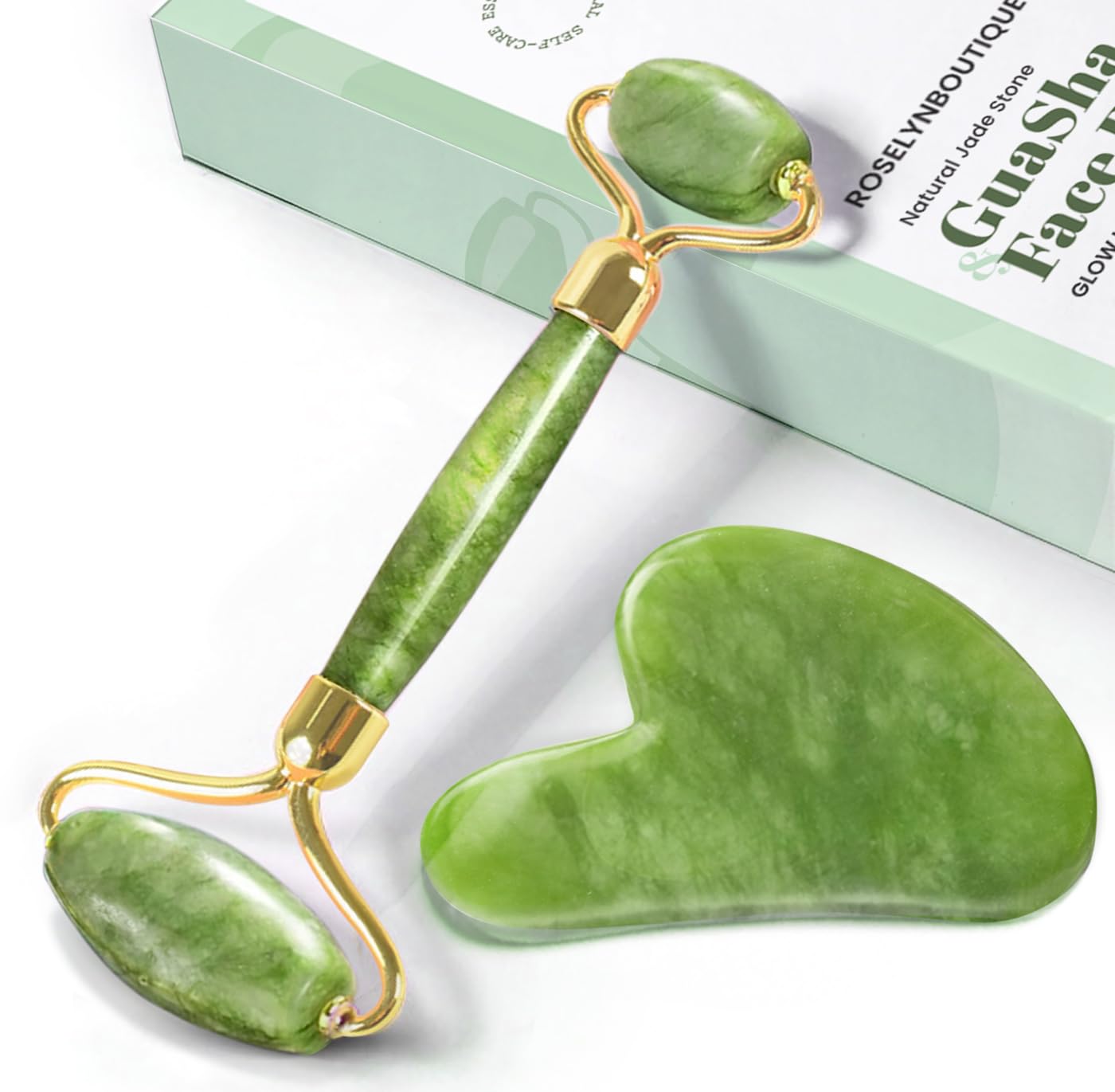 ROSELYNBOUTIQUE Jade Roller green closeup shows cooling, soothing massage for refreshed skin.
