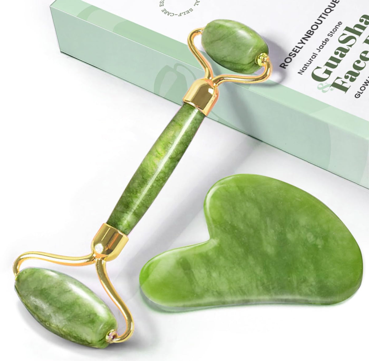 ROSELYNBOUTIQUE Jade Roller green closeup shows cooling, soothing massage for refreshed skin.
