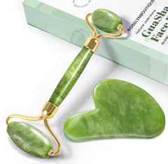 ROSELYNBOUTIQUE Jade Roller green closeup shows cooling, soothing massage for refreshed skin.
