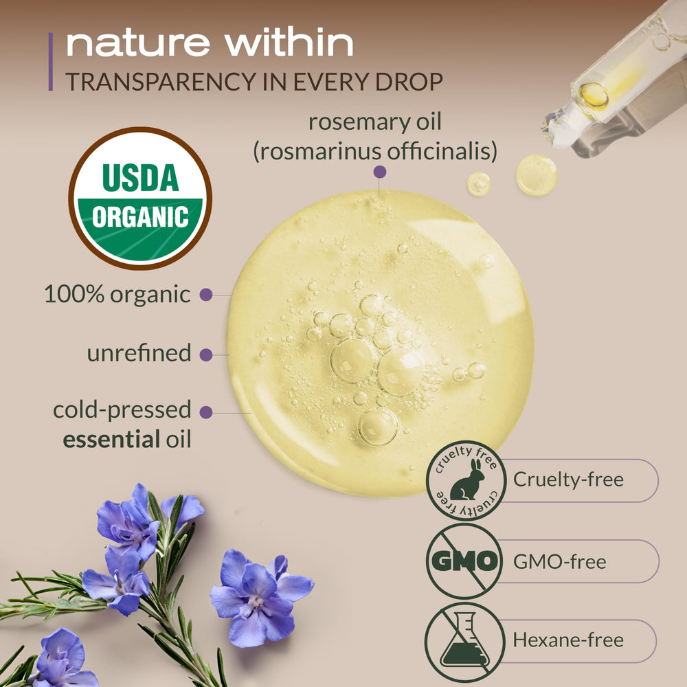 Steam-distilled rosemary essential oil in a glass bottle for purity.