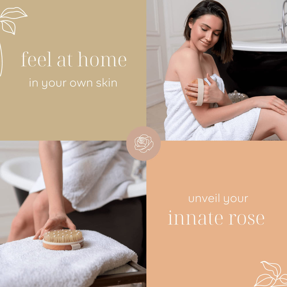 Rosena Dry Brushing Body Brush ergonomic strap enables natural brushing motion.